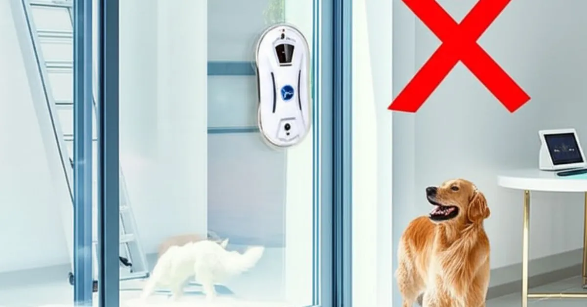 PuRuikai N361 window cleaning robot cleaning a sparkling glass door in a modern home with a dog and smart-home hub, perfect for pet owners and tech enthusiasts