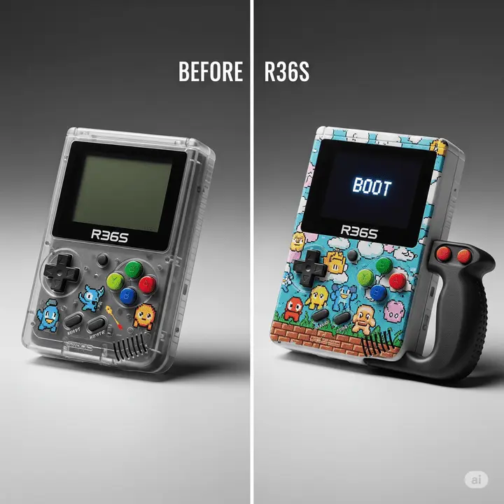 Side-by-side comparison of the R36S retro handheld console before and after customization, featuring a standard transparent version and a modded console with custom buttons, artwork, and ergonomic grip.
