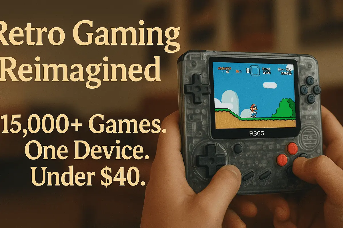 Close-up of R36S Retro Handheld Console playing Super Mario World, highlighting its transparent design, portable size, and retro gaming experience for under $40