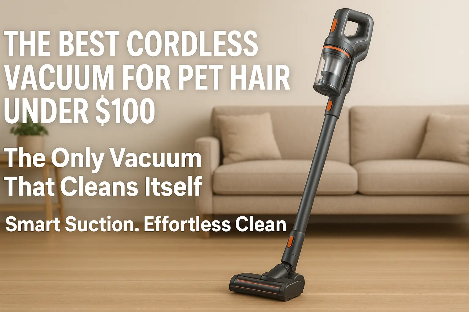 YISORA N300 cordless vacuum cleaner standing in a modern living room with bold text highlighting features like smart suction and self-cleaning for pet hair under $100