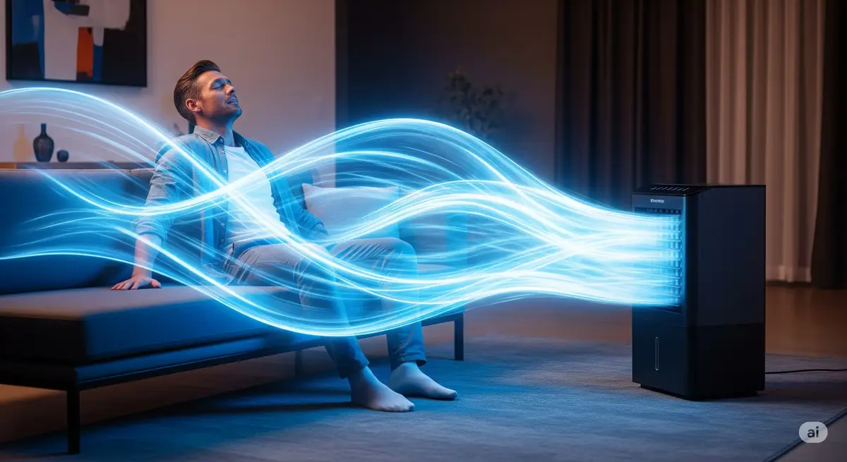Hombre disfrutando de una brisa fresca y refrescante de un ventilador de aire acondicionado en una sala moderna por la noche