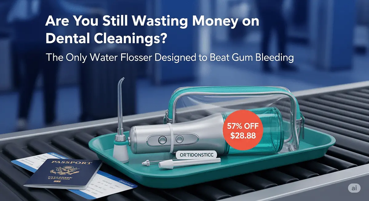 INSMART cordless water flosser with orthodontic nozzle inside a clear TSA-approved toiletry bag on airport security conveyor belt, featuring a glowing 57% OFF $28.88 discount sticker