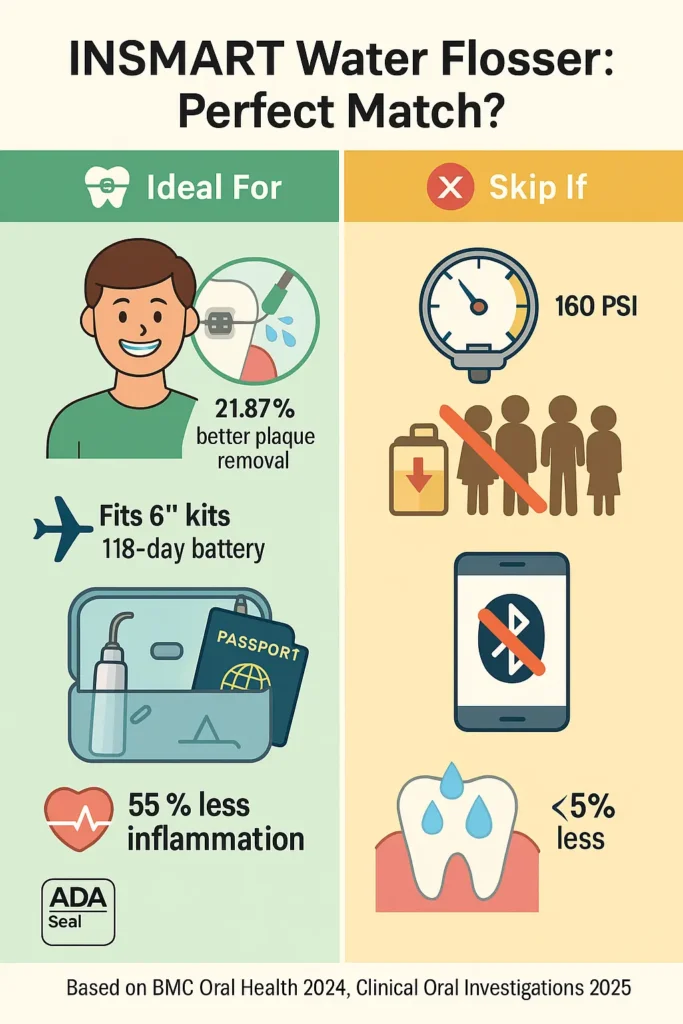 Split infographic comparing INSMART water flosser’s benefits for braces, travel, and sensitive gums versus limitations for high-pressure users, large families, and Bluetooth seekers. Includes clinical citations and ADA reference