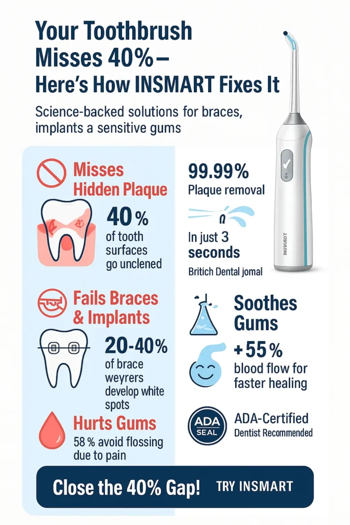 Why toothbrushes fail vs. INSMART Water Flosser: plaque removal stats, braces cleaning, ADA-approved solution
