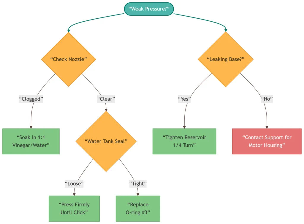 Step-by-step troubleshooting guide for INSMART Water Flosser weak pressure issues - diagnose leaks, nozzle clogs, and tank seal problems with visual flowchart