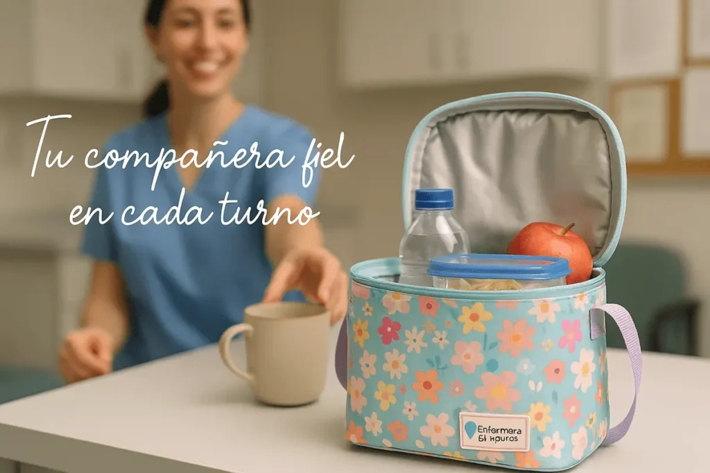 Nurse reaching for coffee next to a colorful Nevera Enfermera en Apuros cooler filled with lunch, in a hospital breakroom.