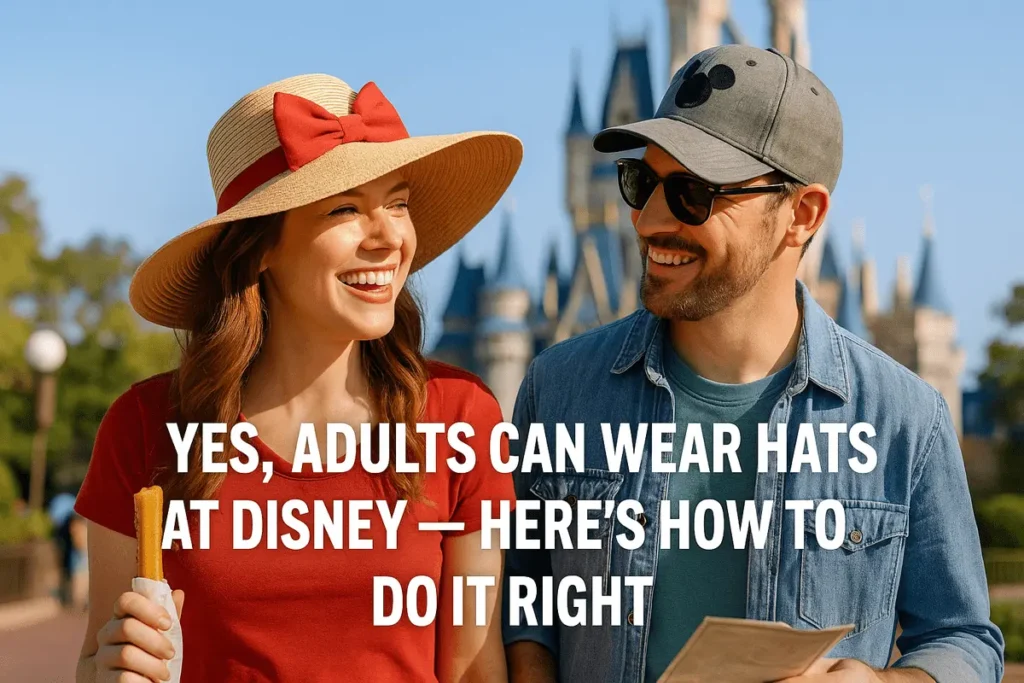 Stylish adults wearing hats at Disney park in front of castle, summer outfits and smiles