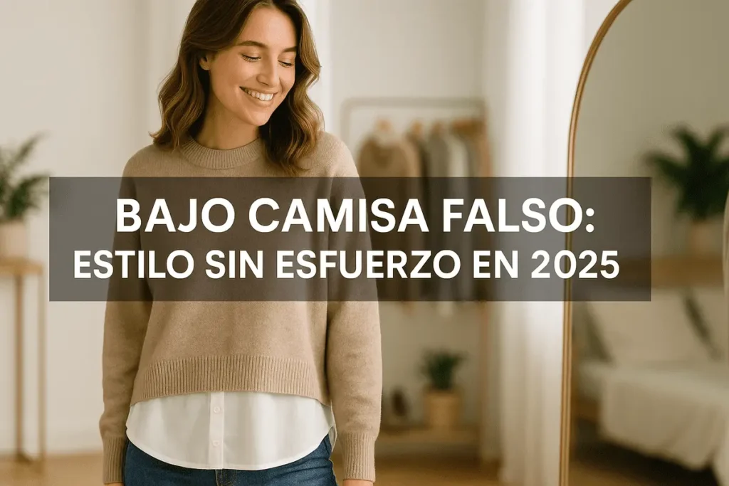 Mujer moderna luciendo un bajo camisa falso blanco bajo un suéter beige, reflejando estilo sin esfuerzo en un look casual de moda 2025.
