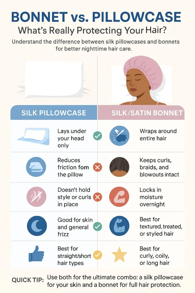 Infographic comparing bonnet vs. silk pillowcase for hair protection, showing benefits for curls, moisture retention, and sleep care routines