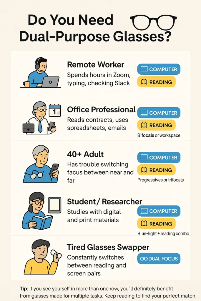 Infographic showing who needs dual-purpose glasses for computer work and reading, with examples like remote workers, professionals, students, and people over 40