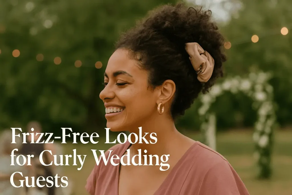 A smiling wedding guest with curly hair styled in a frizz-free updo using a satin scrunchie—perfect example of easy hair accessories for curly hair wedding guest look.