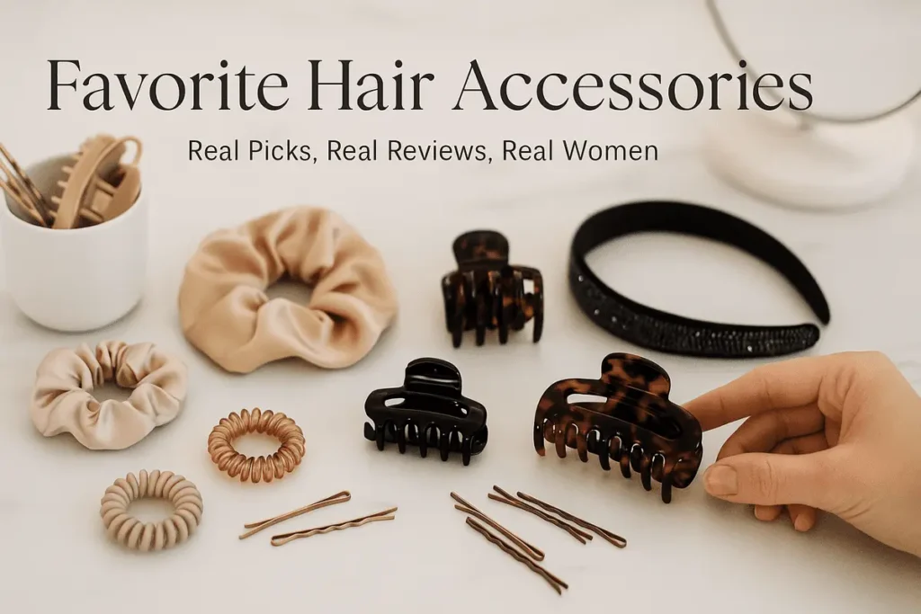 Flat lay of favorite hair accessories for women including silk scrunchies, tortoiseshell claw clips, bobby pins, and a black headband on a marble surface