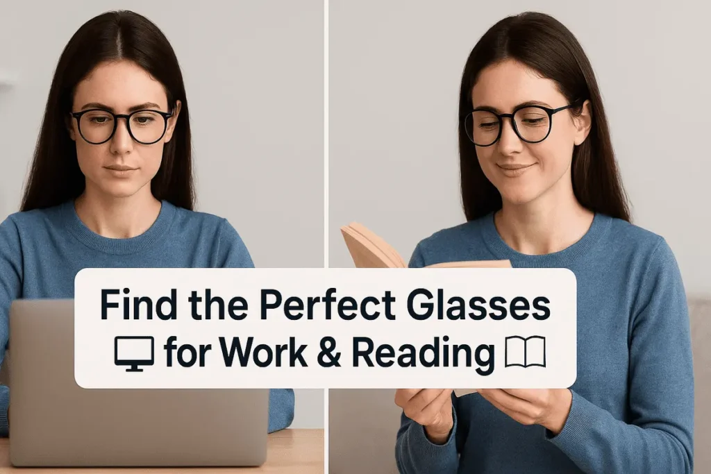 Split image of a woman using glasses for computer work and reading, illustrating how to find the right type of glasses for both tasks