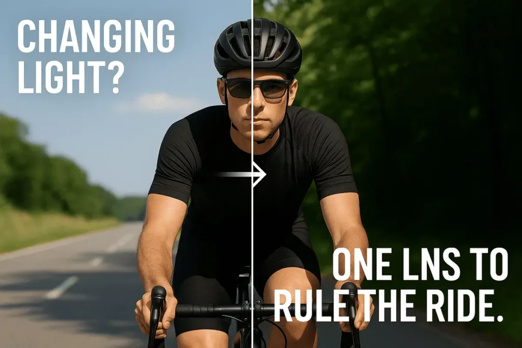 Cyclist wearing photochromic lenses showing transition from bright sunlight to shaded forest, highlighting their benefit for changing light conditions during cycling.