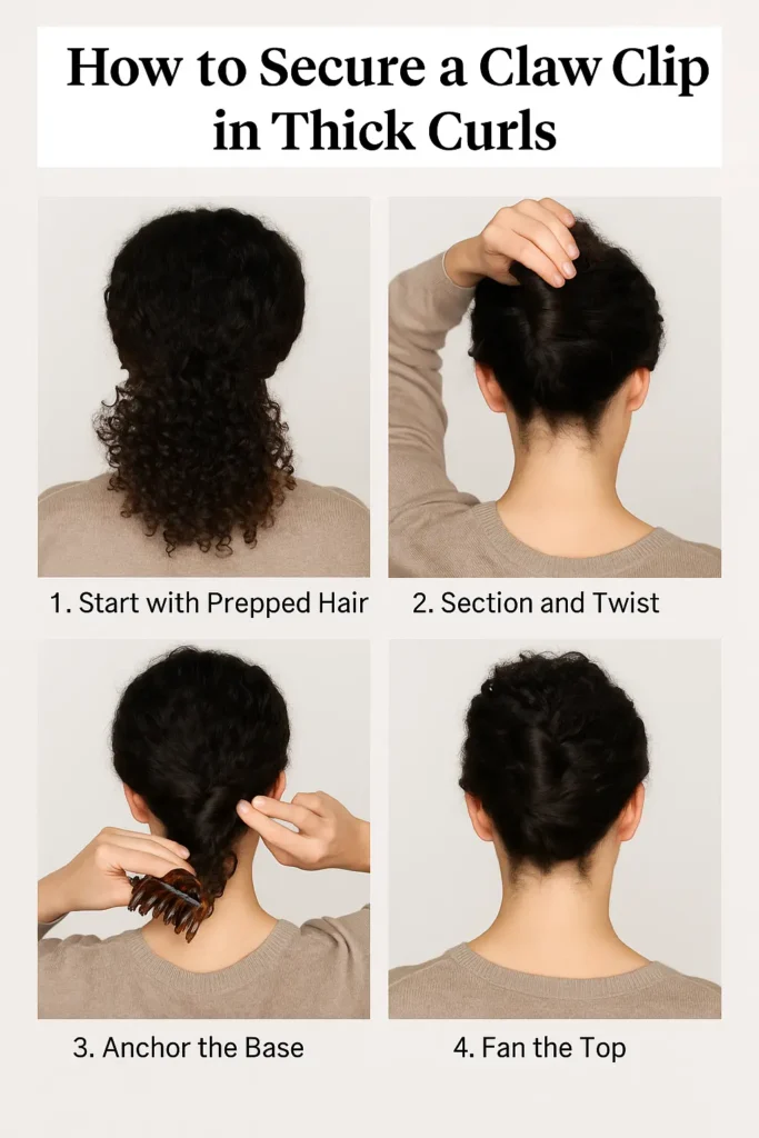 Tutorial showing how to secure a claw clip in thick, curly hair, with four steps: starting with prepped hair, sectioning and twisting, anchoring the base of the clip, and fanning out the top for a secure and stylish hold.
