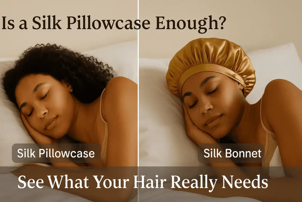 Side-by-side comparison of a woman sleeping on a silk pillowcase and wearing a silk bonnet, illustrating the benefits of each for hair care