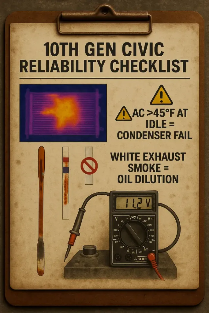 Mechanic's diagnostic checklist for 10th gen Civic reliability issues: Oil dilution dipstick test, AC condenser thermal scan, and battery drain voltage check with multimeter