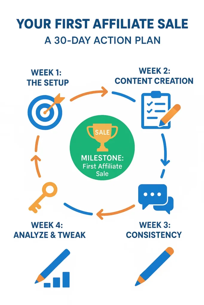 Your First Affiliate Sale 30-Day Action Plan showing a circular flowchart with four steps: Week 1 Setup, Week 2 Content Creation, Week 3 Consistency, and Week 4 Analyze & Tweak, leading to the milestone of first affiliate sale.