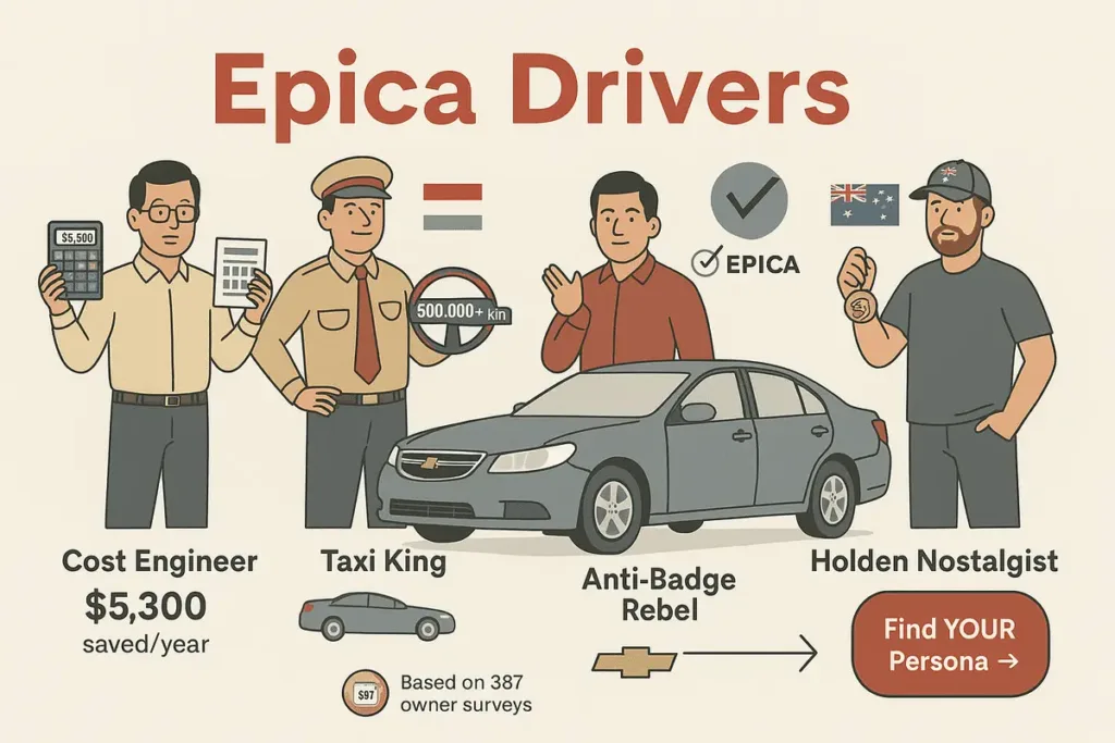 Four 2025 Chevrolet Epica driver personas: Cost Engineer analyzing savings, Taxi King with high-mileage odometer, Anti-Badge Rebel rejecting mainstream brands, and Holden Nostalgist with vintage keys. Based on 387 global owner surveys