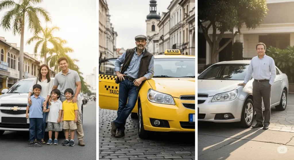 Three types of Chevrolet Epica drivers: a young family with children, a middle-aged taxi driver in a city center, and a professional man outside his suburban home