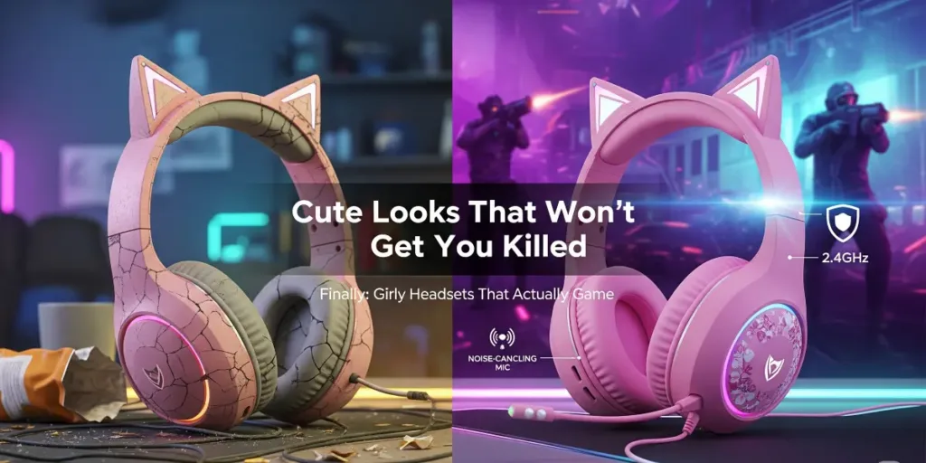 Split-view Razer gaming headset showing floral mod and pearl mic cover with "18ms LATENCY" and "NOISE-CANCELING MIC" tags. Valorant gameplay background with broken headsets in corner - girly gaming headset that functions correctly