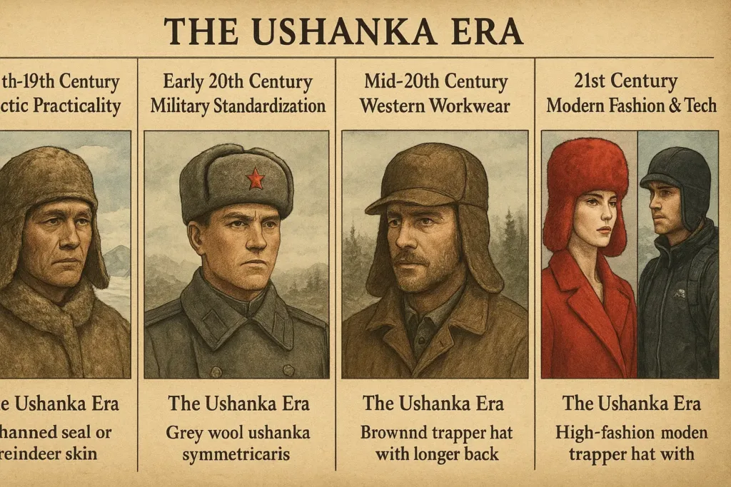 Illustrated historical timeline showing the evolution of ear flap hats from 17th century Arctic origins to modern-day fashion trends, including the ushanka and trapper hat.