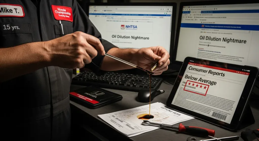 Certified Honda technician inspecting oil dilution in 10th gen Civic engine dipstick with Consumer Reports reliability data