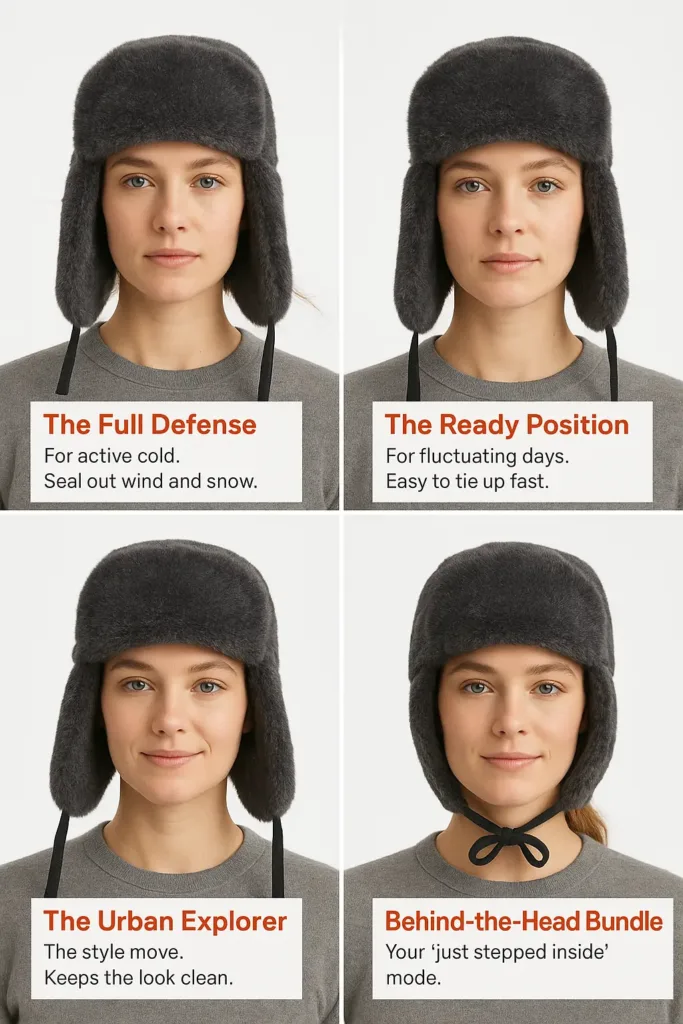 Step-by-step visual guide showing four ways to wear a winter hats with ear flaps: tied under chin, loose, on top, and behind the head.