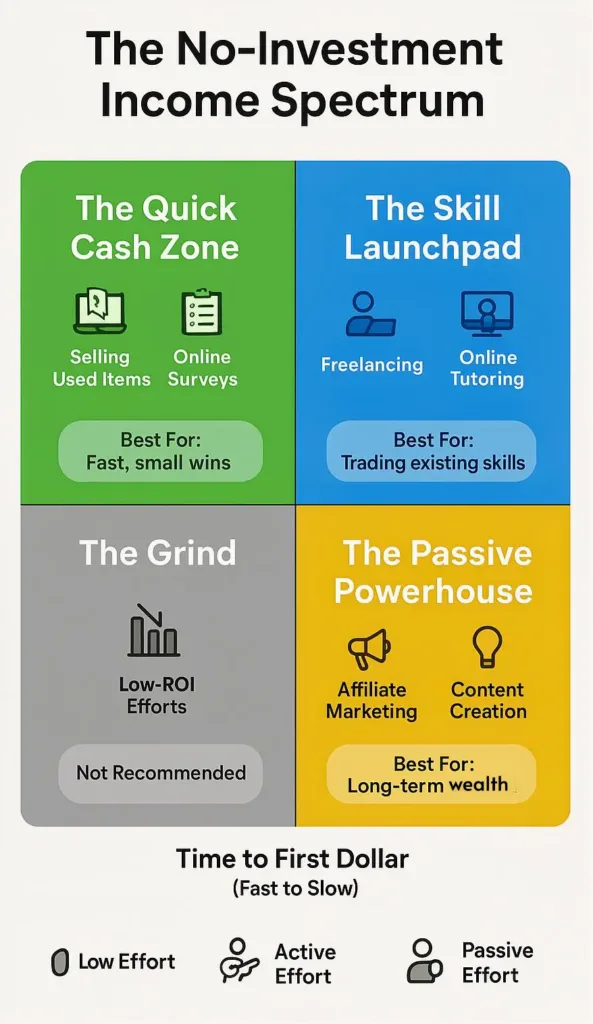 Infographic comparing the best ways to earn money online without investment based on startup time and long-term earning potential. Methods include freelancing, affiliate marketing, and selling digital products.
