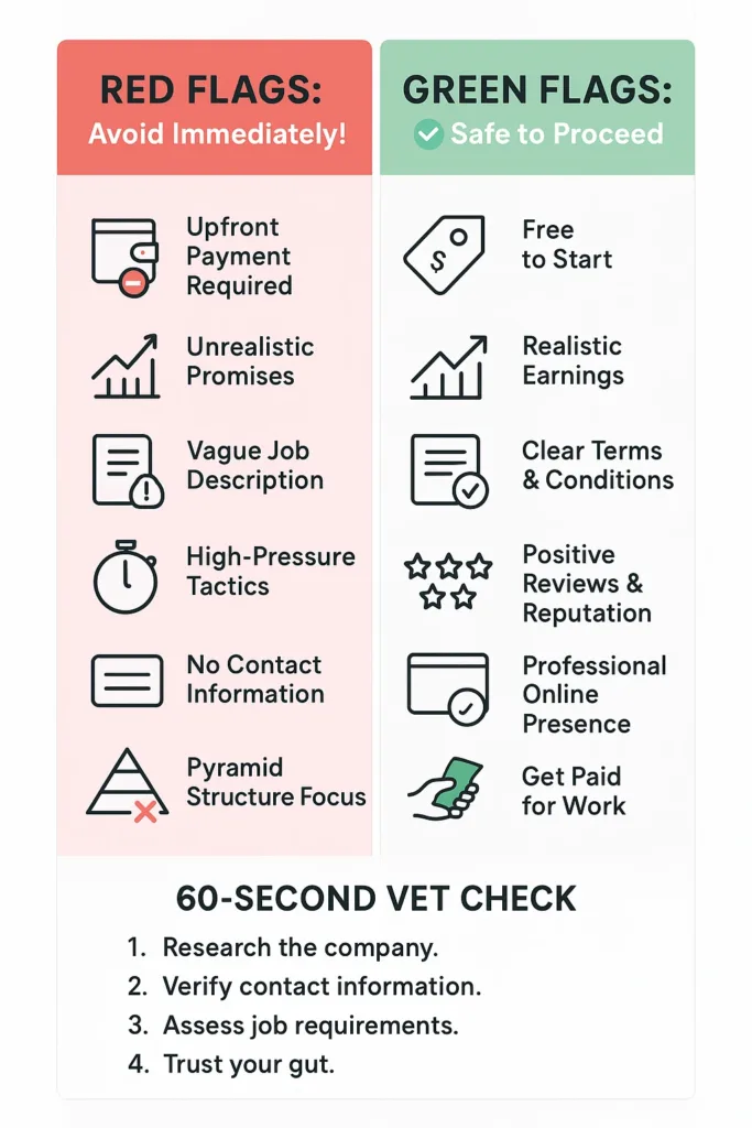 Infographic checklist comparing red flags of online money making scams vs green flags of legitimate work from home opportunities. Includes a 60-second vetting guide.