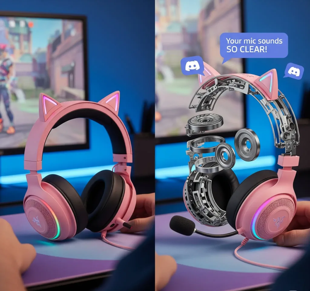 Pink Razer Kraken Kitty V2 Pro gaming headset on pastel desk - RGB cat ears glow during Valorant gameplay with Discord chat bubble showing clear mic quality. Proves girly headsets can have premium audio