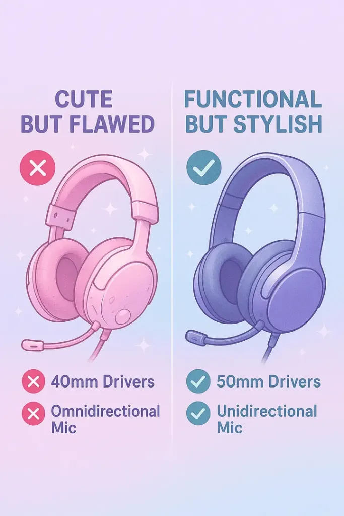 Cheap cute gaming headset with peeling paint vs. durable pastel headset with metal hinges and 50mm drivers - avoid style-over-substance fails