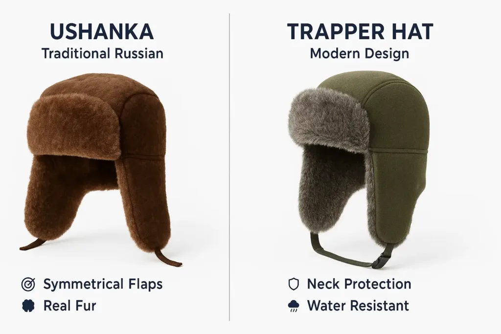 Visual comparison between a Russian ushanka fur hat and a North American trapper hat, showing key differences.