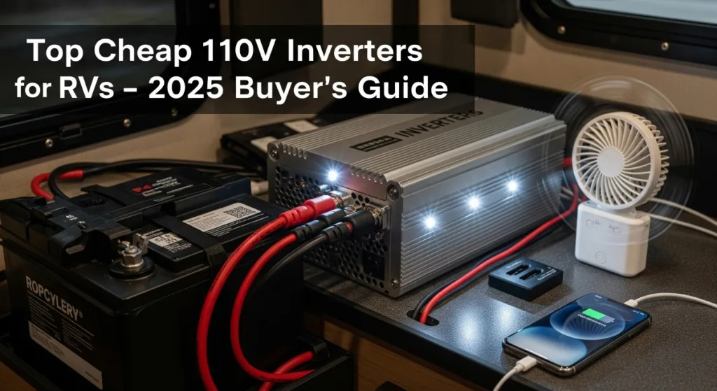 Affordable 110V inverter setup for RV use showing BESTEK and GIANDEL models powering appliances on a budget-friendly road trip.
