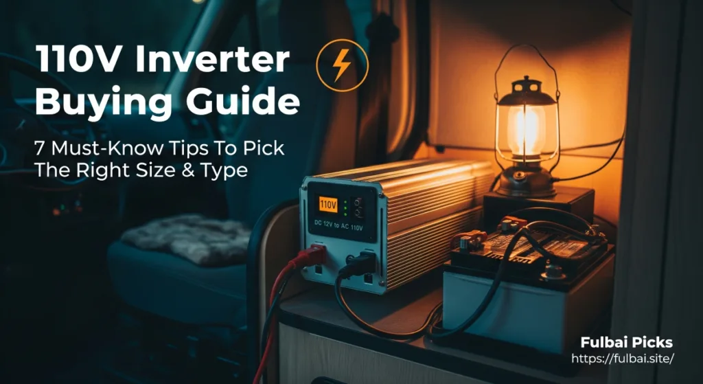110V inverter buying guide hero image showing a high-quality inverter in an RV setup, highlighting tips for choosing the right size and type