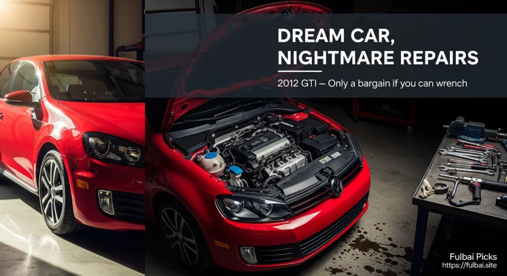 Split-view of a 2012 Volkswagen GTI showing clean red exterior and open hood with tools, illustrating the 2012 GTI horrible buy maintenance issue and DIY repair costs.
