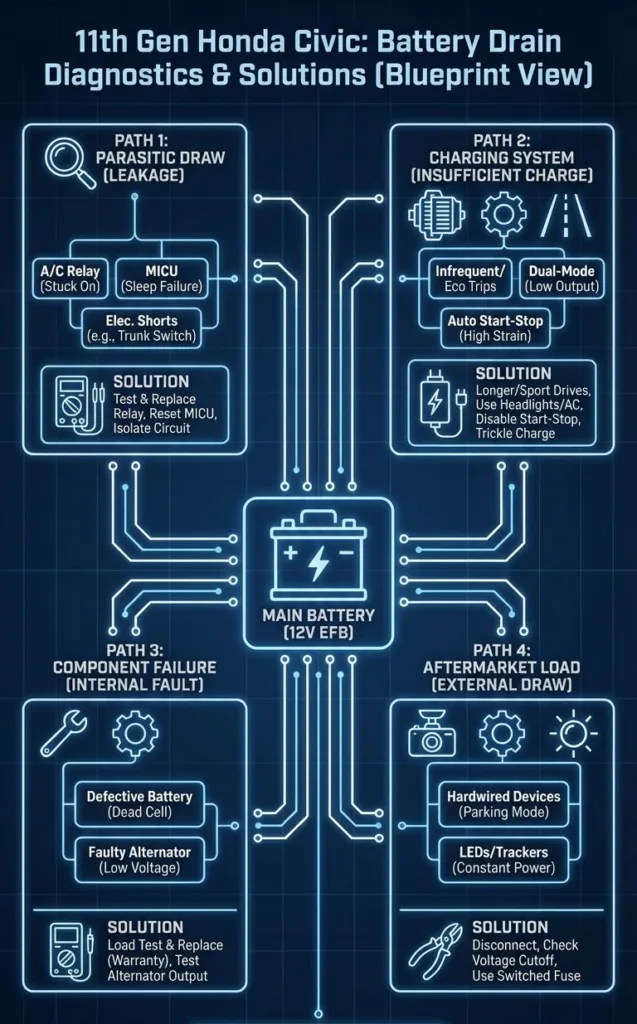 A technical blueprint diagram illustrating diagnostic paths for solving 11th Gen Honda Civic battery drain problems. It maps out specific inspection points for parasitic draw leakage, charging system insufficiency, internal component failure, and external aftermarket loads.