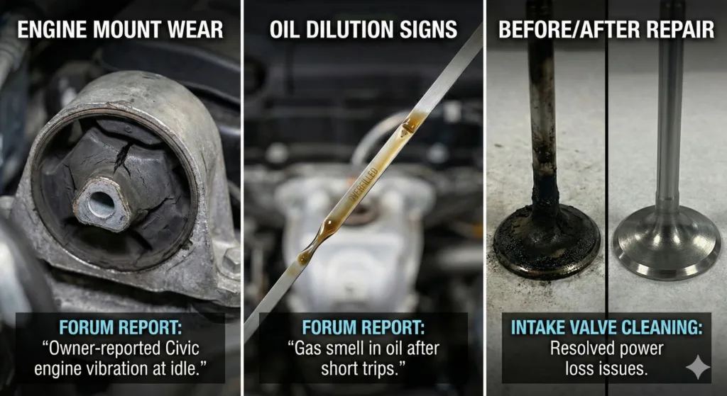 Close-up gallery of 11th-gen Civic mechanical problems in engine – from vibration at idle to misfire fixes for smoother drives.
