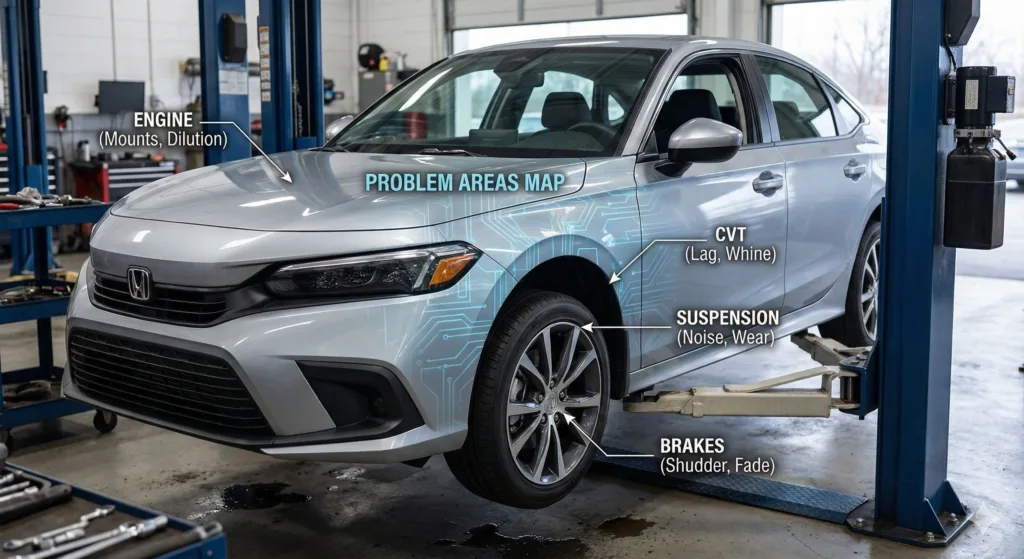 11th-gen Civic mechanical problems inspection on mechanic's lift – spot engine and CVT issues early for reliable fixes.