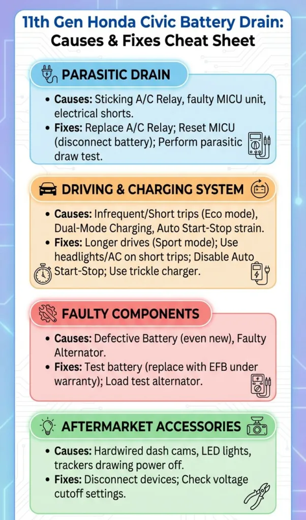 An infographic cheat sheet detailing the common causes and quick fixes for the 11th Gen Honda Civic battery drain issue. It visually categorizes problems into parasitic drains (like stuck A/C relays), driving habit adjustments, faulty components, and aftermarket accessory draws.