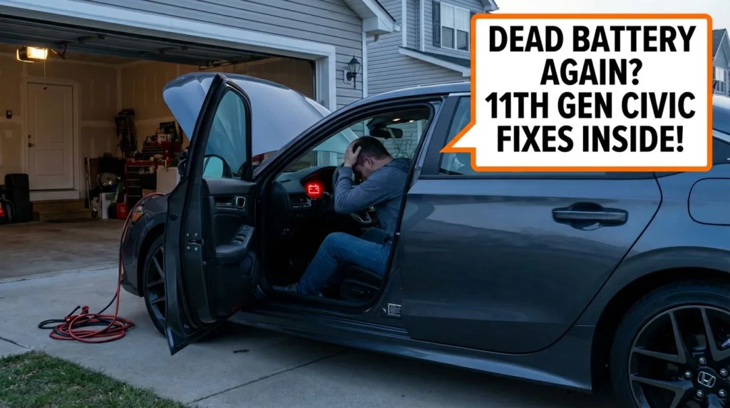 A frustrated owner sits in the driver's seat of a dark grey 11th Gen Honda Civic with the hood open and jumper cables on the driveway, facing a dead battery issue.