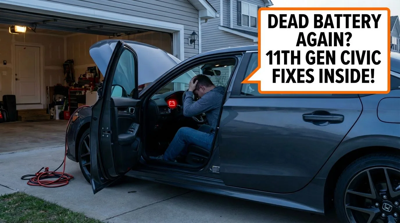 A frustrated owner sits in the driver's seat of a dark grey 11th Gen Honda Civic with the hood open and jumper cables on the driveway, facing a dead battery issue.